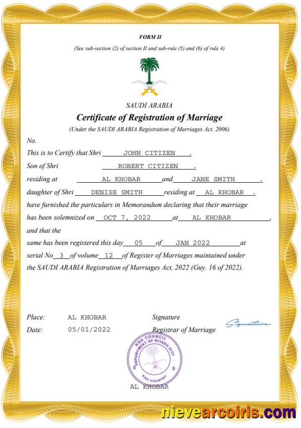 Saudi Arabia marriage certificate